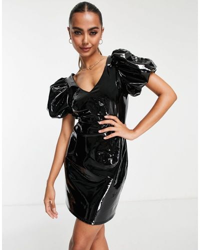 Miss Selfridge Vinyl Faux Leather Extreme Puff Sleeve Mini Dress - Black
