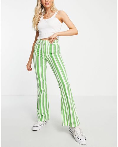 TOPSHOP High Waist Stripe Print Flared Trouser With Front Pockets - Green