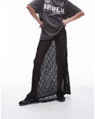 TOPSHOP Sheer Lace Crinkle Column Midi Skirt With Elasticated Waist - Black