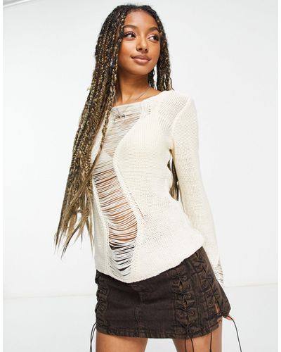 Collusion Knitted Jumper With Open Stitch Detail - White
