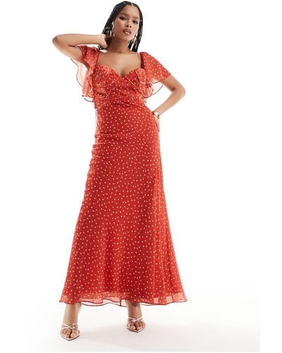 ASOS Satin Corset Detail Chiffon Bias Maxi Dress With Flutter Sleeve - Red