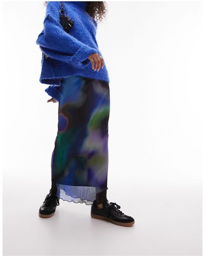 TOPSHOP Plisse Blurred Non Print Midi Skirt - Blue