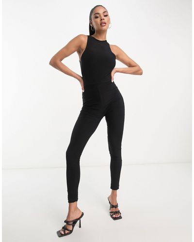 Fashionkilla Sculpted Slinky Racerneck Low Back Jumpsuit - Black