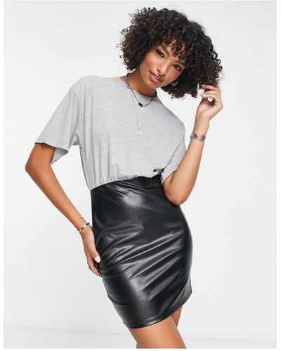ASOS 2 In 1 T-shirt Mini Dress With Pu Skirt In And Grey - White