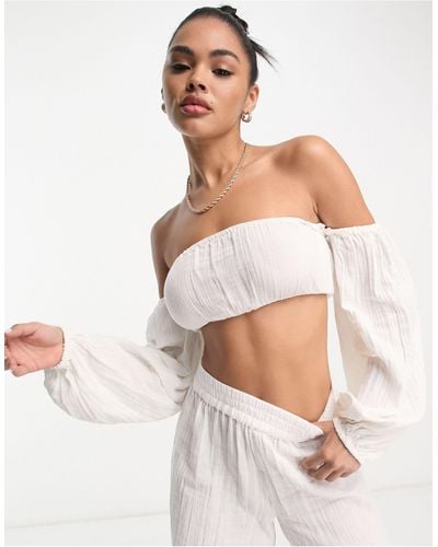 ASOS Beach Off Shoulder Crop Top Co-ord With Detachable Volume Sleeve - White