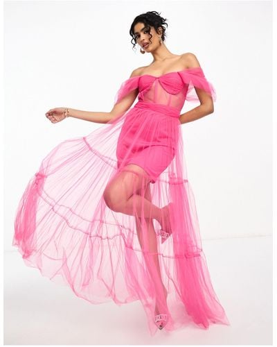 LACE & BEADS Exclusive Corset Tulle Maxi Dress - Pink