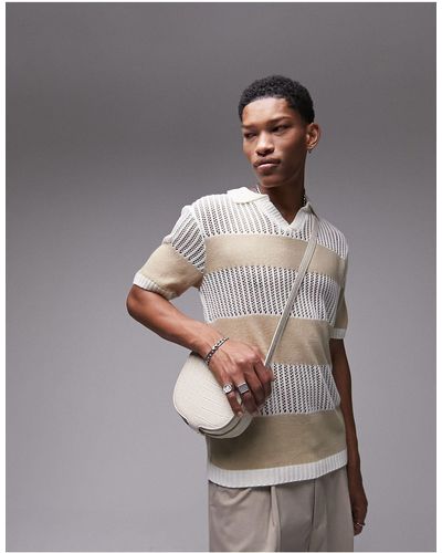 TOPMAN Knitted Stripe Crochet V Neck Polo - Gray