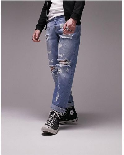 TOPMAN Gebleekte Ruimvallende Jeans Met Scheuren - Blauw