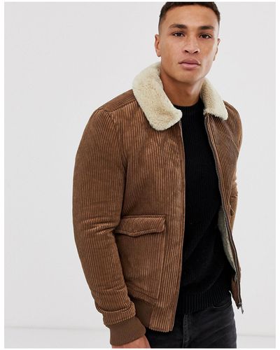Pull&Bear Cord Jacket With Faux Fur Collar - Brown