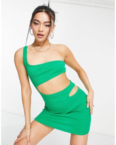 Rebellious Fashion Ribbed One Shoulder Dress With Cut Outs - Green