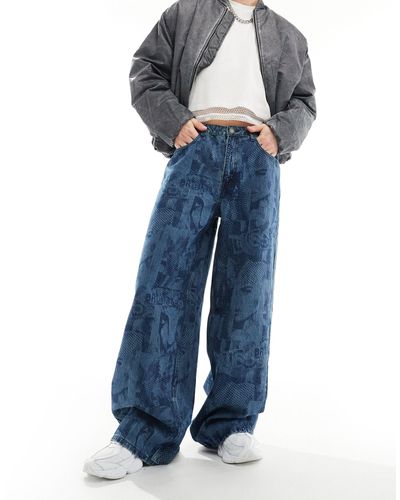 Guess Jeans a fondo ampio unisex con stampa laser - Blu
