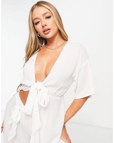 ASOS Crinkle Tie Front Beach Cover Up - White