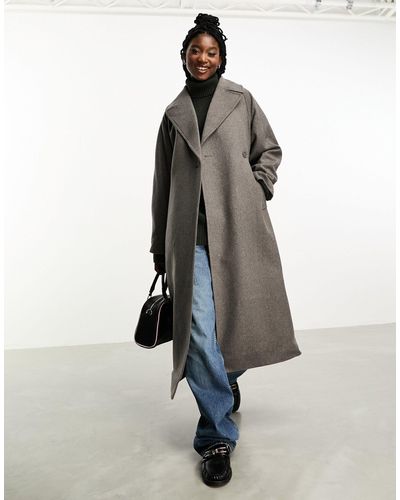 Weekday Kia - manteau oversize en laine mélangée avec liens à la taille - marron - Blanc