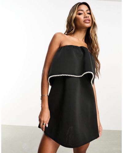 In The Style Exclusive Bandeau Pearl Trim Ruffle Mini Dress - Black