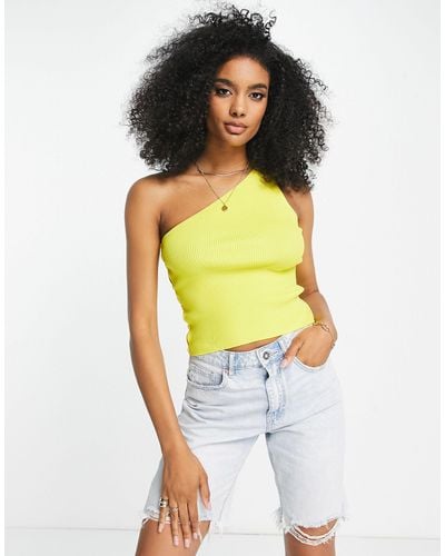 Mango Ribbed Asymmetric Top With Side Button Detail - Yellow