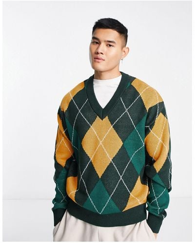 Jack & Jones Oversized Jacquard Argyll V Neck Sweater - Green