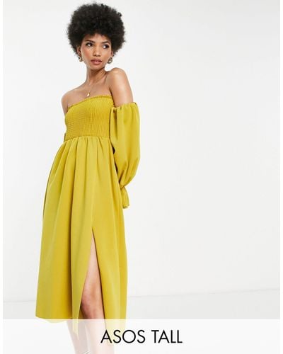 ASOS Asos Design Tall Shirred Bardot Blouson Sleeve Prom Midi Dress - Green
