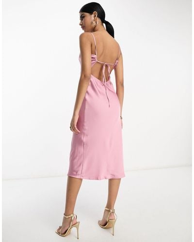 Vila Satin Cami Midi Dress With Tie Back - Pink