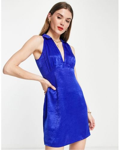 Lola May Satin Collared Mini Dress - Blue