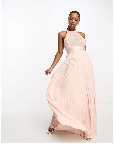 ASOS Bridesmaid Pleated Pinny Maxi Dress With Satin Wrap Waist - Pink