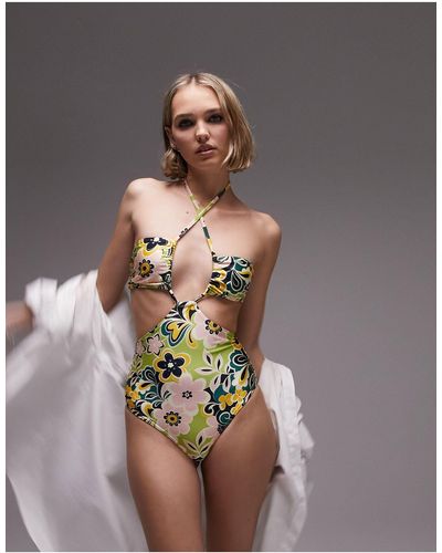 Topshop Unique – badeanzug mit schlüssellochausschnitt, zierausschnitten und blumenmuster im stil der 60er - Mehrfarbig