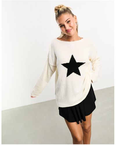Miss Selfridge Asos design - maglione extra largo color avorio con motivo con stella - Bianco