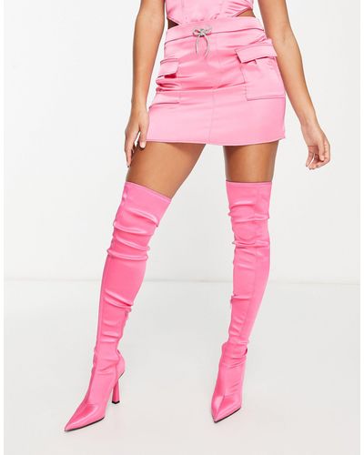 AsYou Diamante Bow Detail Satin Mini Skirt Co-ord With Pockets - Pink
