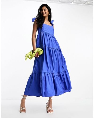 & Other Stories Tie Shoulder Tiered Maxi Dress - Blue