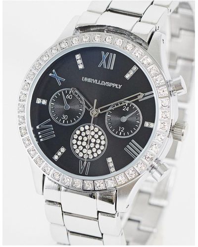 ASOS Bracelet Watch With Black Face And Crystals - Metallic