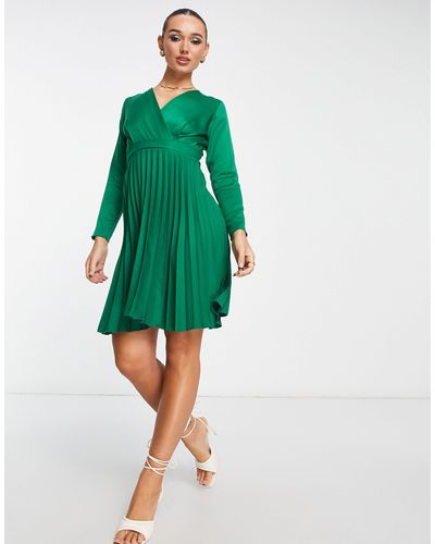 Closet Wrap Front Pleated Mini Skater Dress - Green