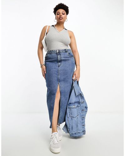 ASOS Asos Design Curve Denim Maxi Skirt With Split Hem - Blue