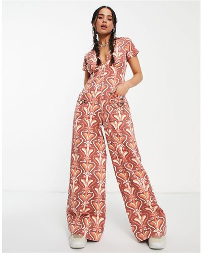 ASOS Twill Collar Jumpsuit With Wide Leg - Multicolour