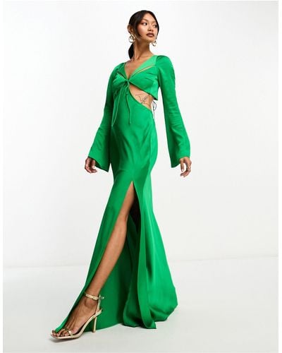 ASOS Satin Flare Sleeve Cut Out Maxi Dress - Green