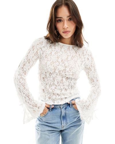 ASOS Slash Neck Lace Top With Bow Detail - White