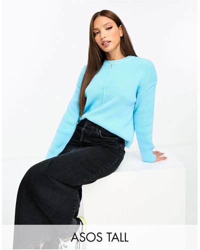 ASOS Asos Design Tall Crew Neck Boxy Jumper With Seam Front - Blue