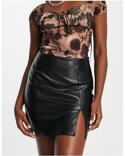 Noisy May Notch Front Faux Leather Mini Skirt - Black