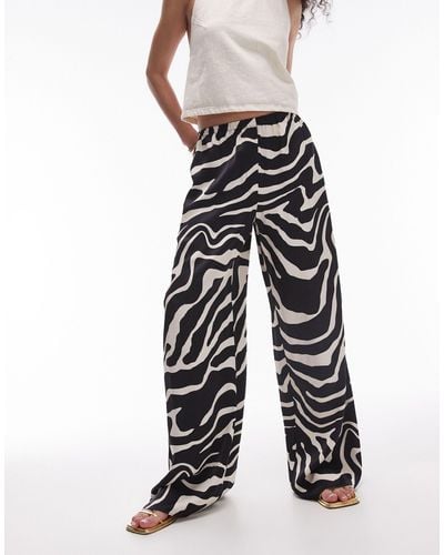 TOPSHOP Satin Straight Leg Mono Zebra Print Trouser - Grey