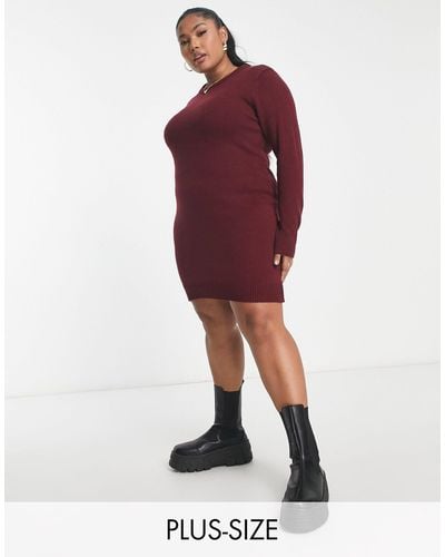 Brave Soul Plus Grungy Crew Neck Sweater Dress - Red