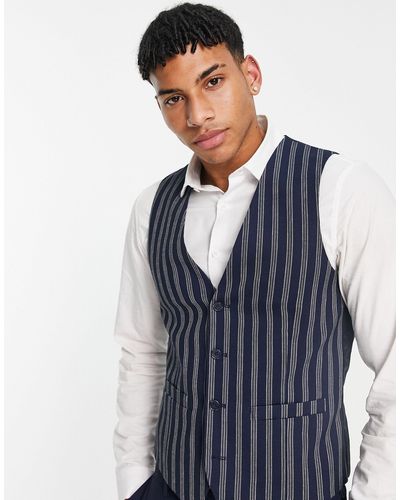 French Connection Slim Fit Linen Stripe Waistcoat - Blue