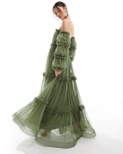 LACE & BEADS Off Shoulder Tulle Maxi Dress - Green