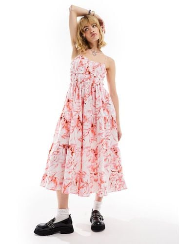 Collusion Floral Print Tiered Cami Midi Summer Dress - Pink