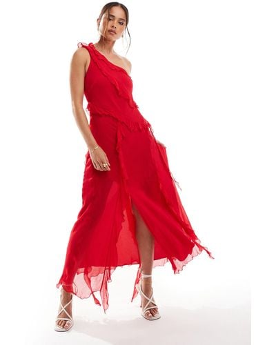 Mango Frayed One Shoulder Midi Dress - Red