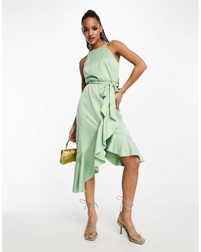 Style Cheat Ruffle Wrap Satin Midi Dress - Green