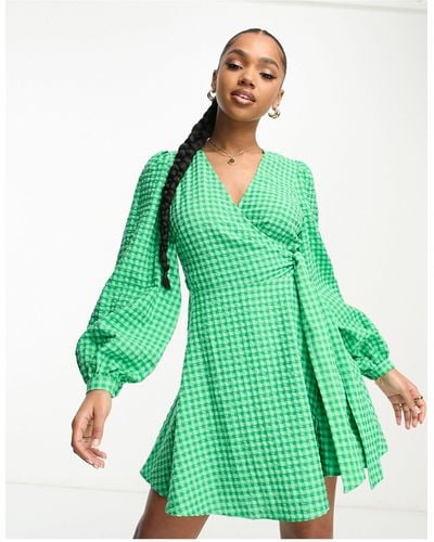 Nobody's Child Tie Waist Puff Sleeve Mini Dress - Green
