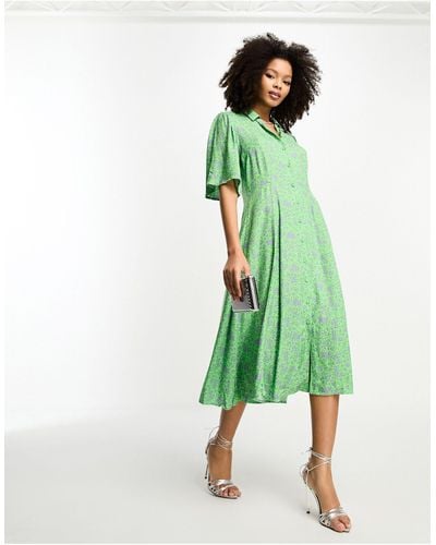 Y.A.S Printed Shirt Midi Dress - Green