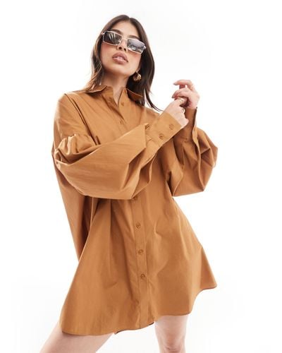 ASOS Ultimate Boyfriend Mini Shirt Dress With Volume Sleeve - Brown