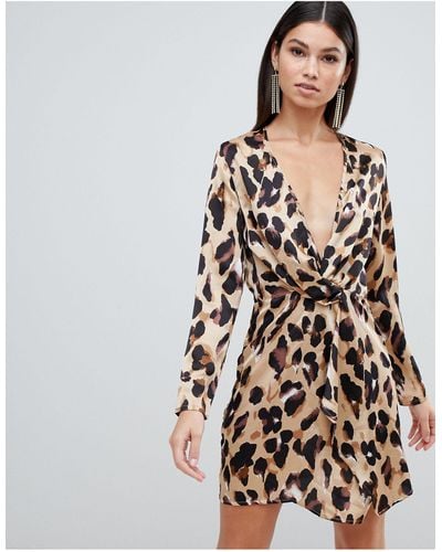 Club L London Club L Long Sleeve Twist Front Leopard Print Dress - Multicolour