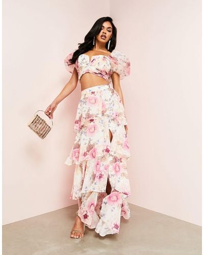 ASOS Co-ord Ruched Wrap Tiered Maxi Skirt - Pink