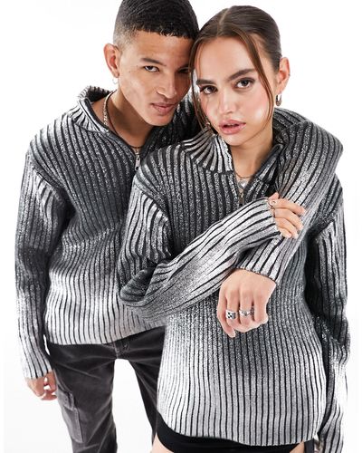 Collusion Unisex Oversized Chunky Metallic Zip-through Sweater - Grey