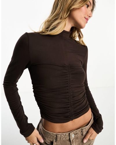 Brave Soul Long Sleeve Fitted Ruched Turtle Neck Top - Black